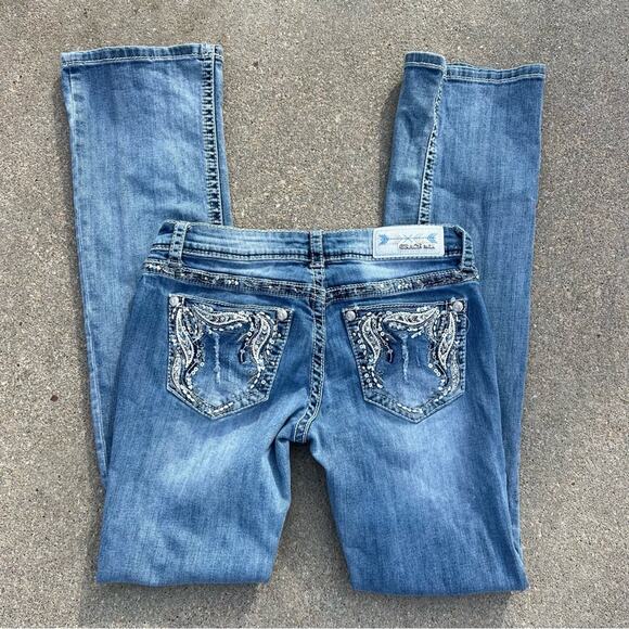 Grace in LA Bling Embellished Boot Cut Jeans distressed 27x33 - Picture 1 of 7